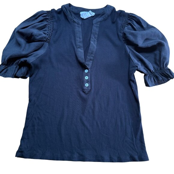 Tuckernuck Pomander Place Size M Black Livia Ribbed Short Puff Sleeve V-Neck Top - Picture 2 of 12